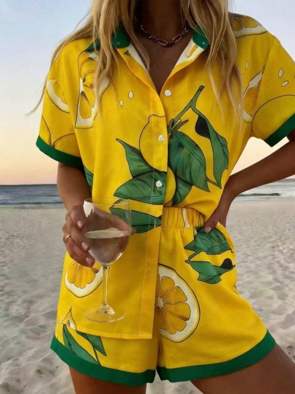 Yellow Casual Women's lemon Print Short Sleeve Shirt And Shorts Suit - Picture 4 of 5